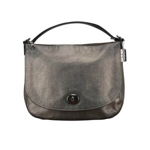 Coach Pebbled Leather Turnlock Hobo Metallic Gunmetal Silver Shoulder Bag 36762